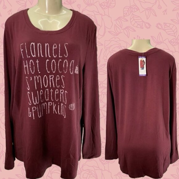 Modern Canvas +XXL Maroon Comfort Winter Script Crew Ribbed Trim Long Sleeve Tee - Picture 1 of 6